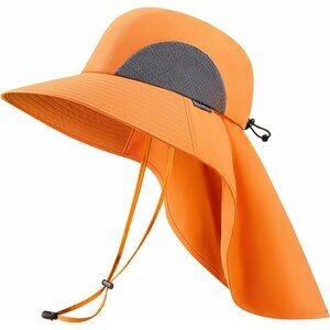 Unisex Orange 100%Polyester Wide Brim Mesh Vent With Neck Flap Classic Beach Hat